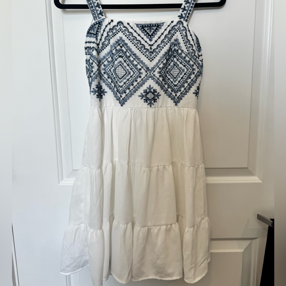 Francesca's Collections White and Blue Embroidered Mini Dress